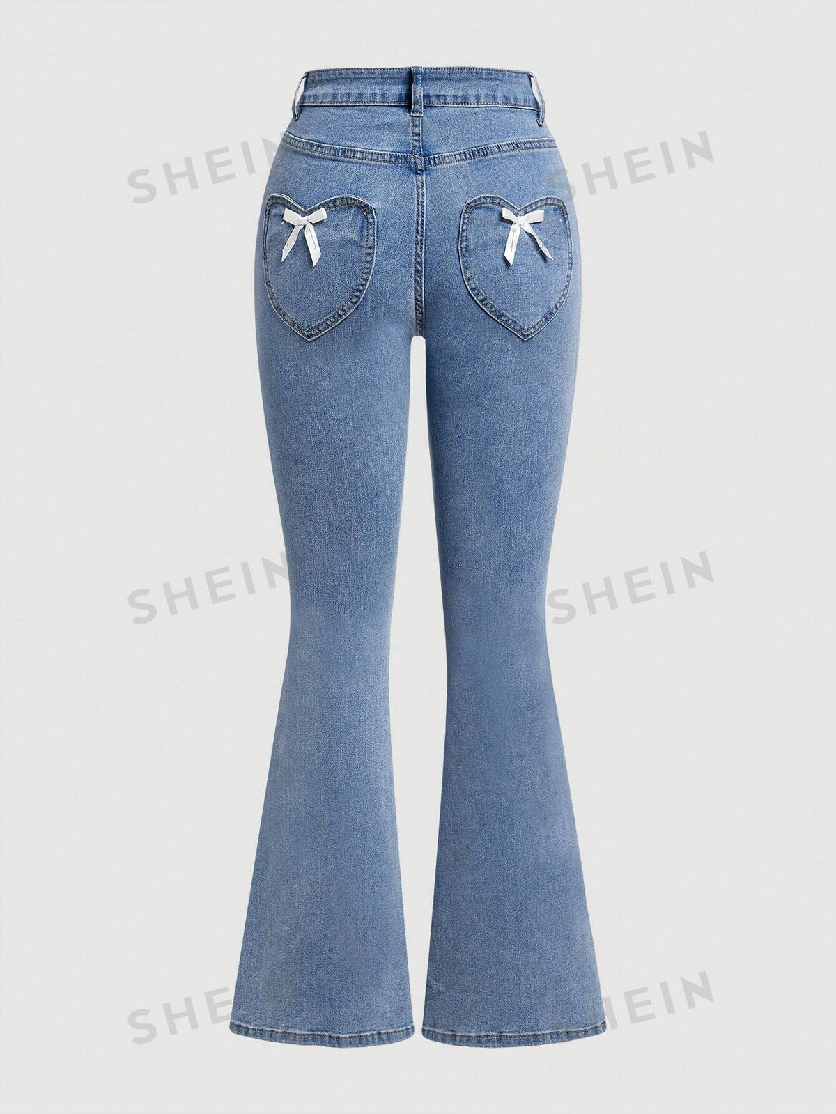 SHEIN MOD Women's Solid Color Simple Bows Decoration Flared Jeans For Daily Wear