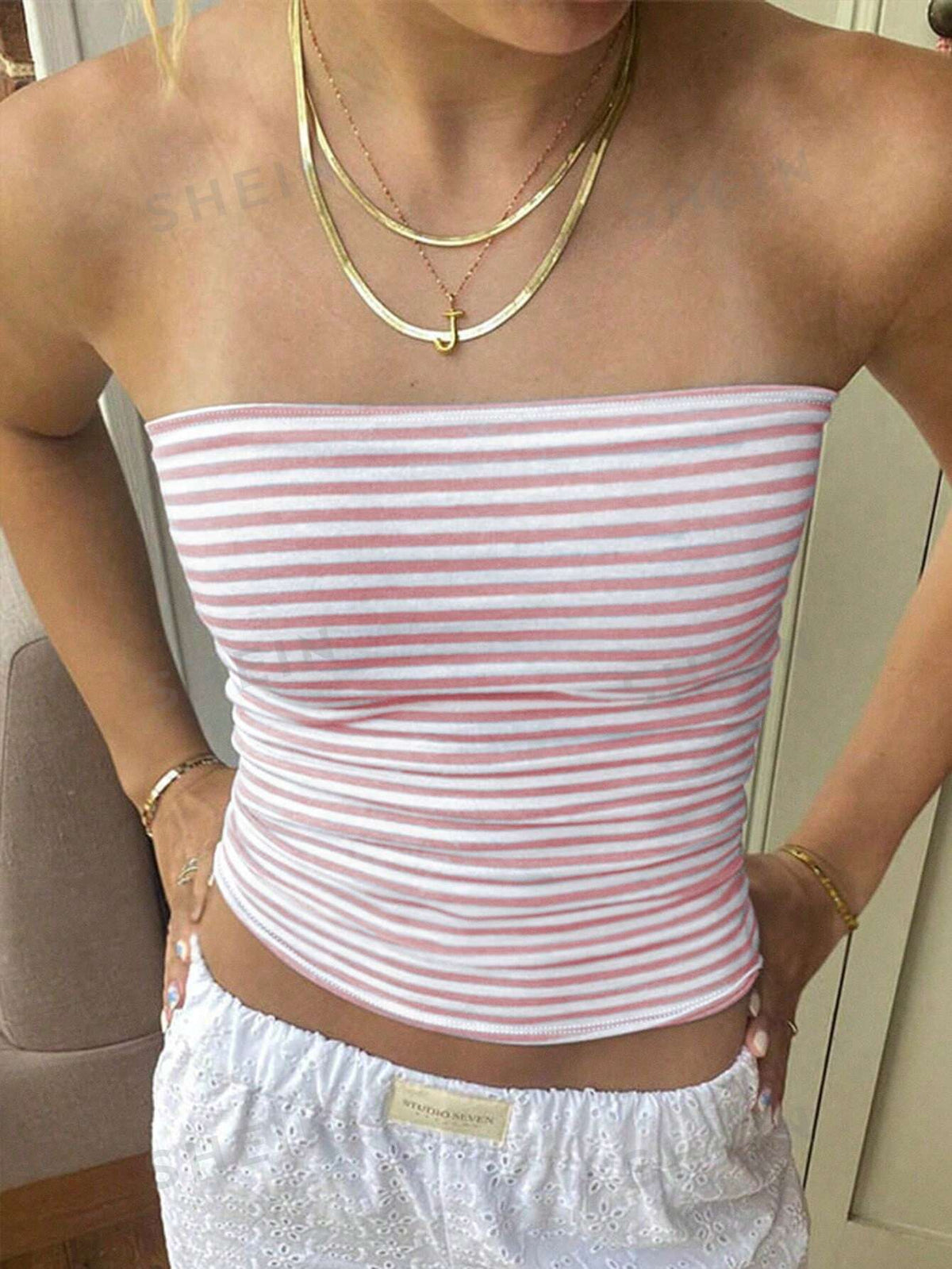 SHEIN EZwear Striped Strapless Tight-Fitting Top, Summer