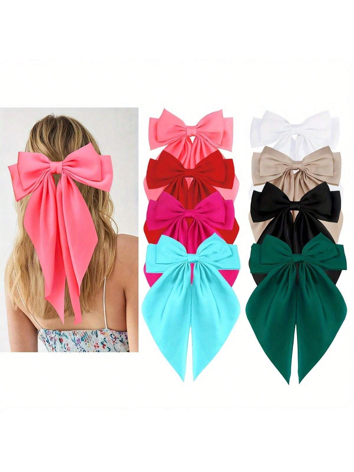 10 PCS Random Color Silky Satin Hair Bows Hair Clip Beige Black Hair Ribbon Ponytail Holder Accessories Slides Metal Clips Hair Bow For Women Halloween