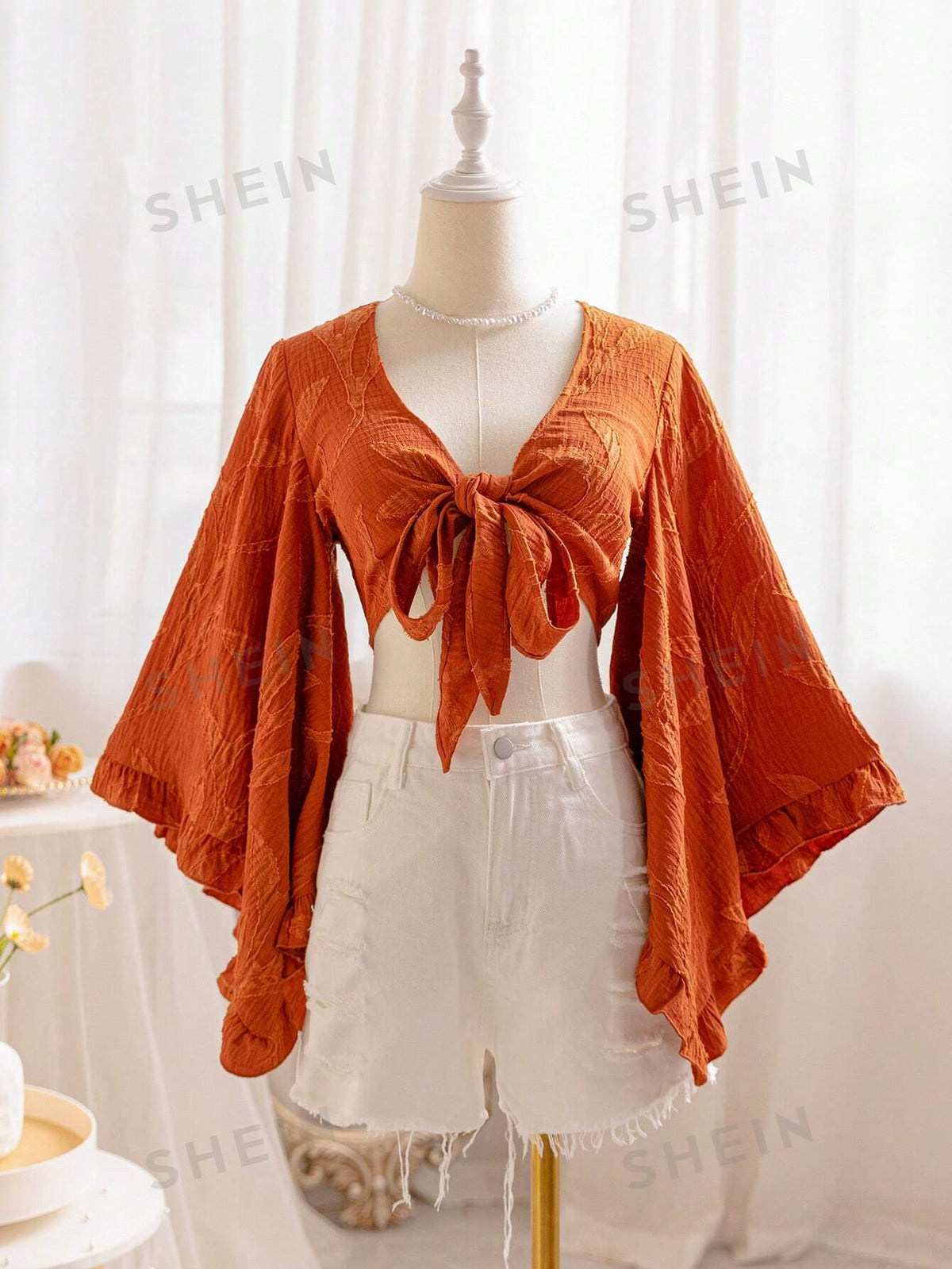 SHEIN WYWH Women's Brown Willow Texture V-Neck Tie-Front Blouse With Flared Sleeves And Ruffled Cuffs, Suitable For Vacation And Music Festivals