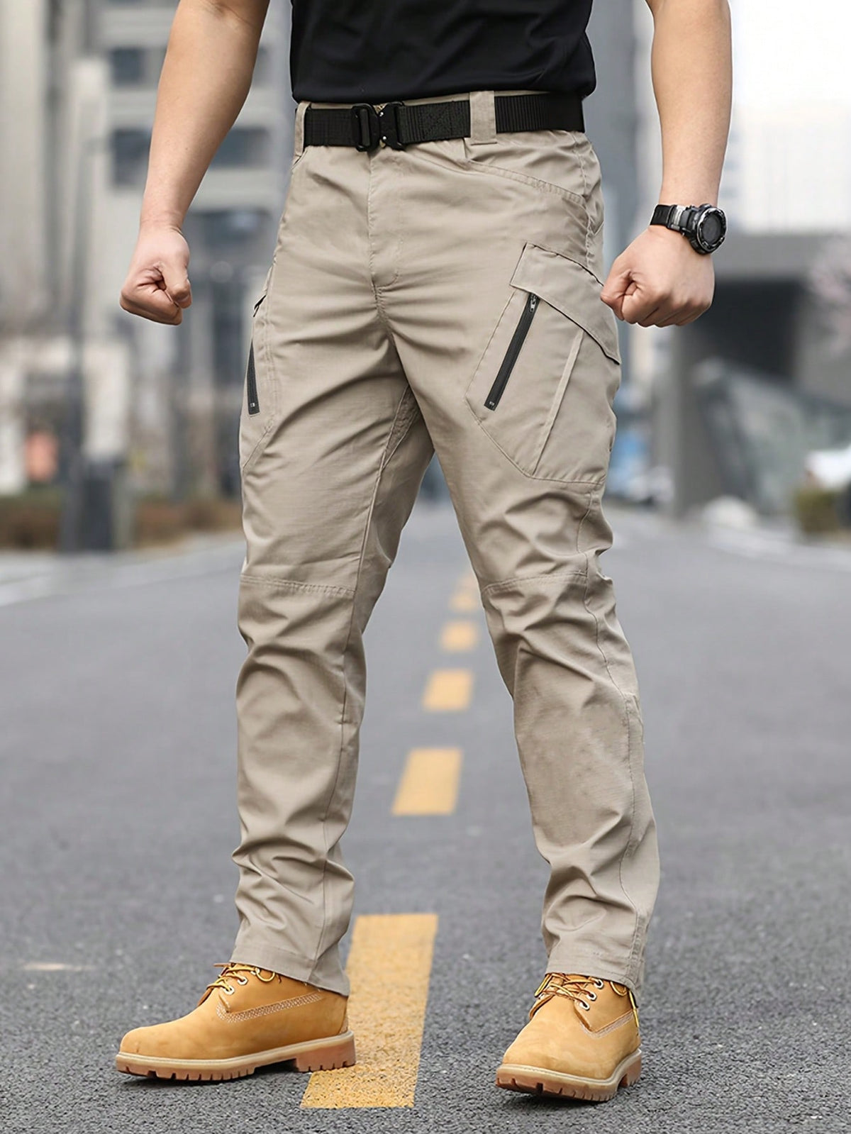 Manfinity Homme Men's Zipper Workwear Pocket Straight Wide-Legged Casual Streetwear Pants