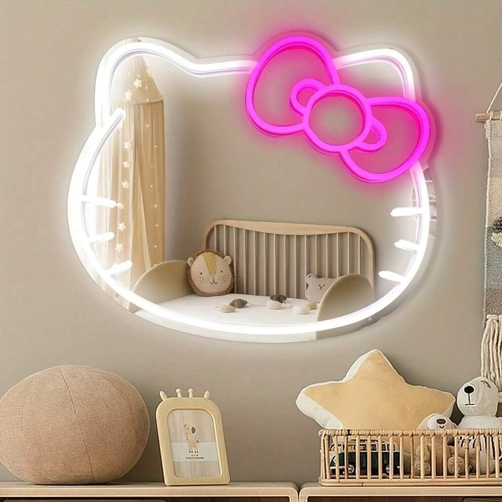 1pc Sanrio Officially Licensed Creative Cartoon Pattern Hello Kitty Mirror Neon Light Sign With LED Light Adjustable Brightness For Makeup Mirror, Wall Decor, Bedroom, Living Room, Children Gift