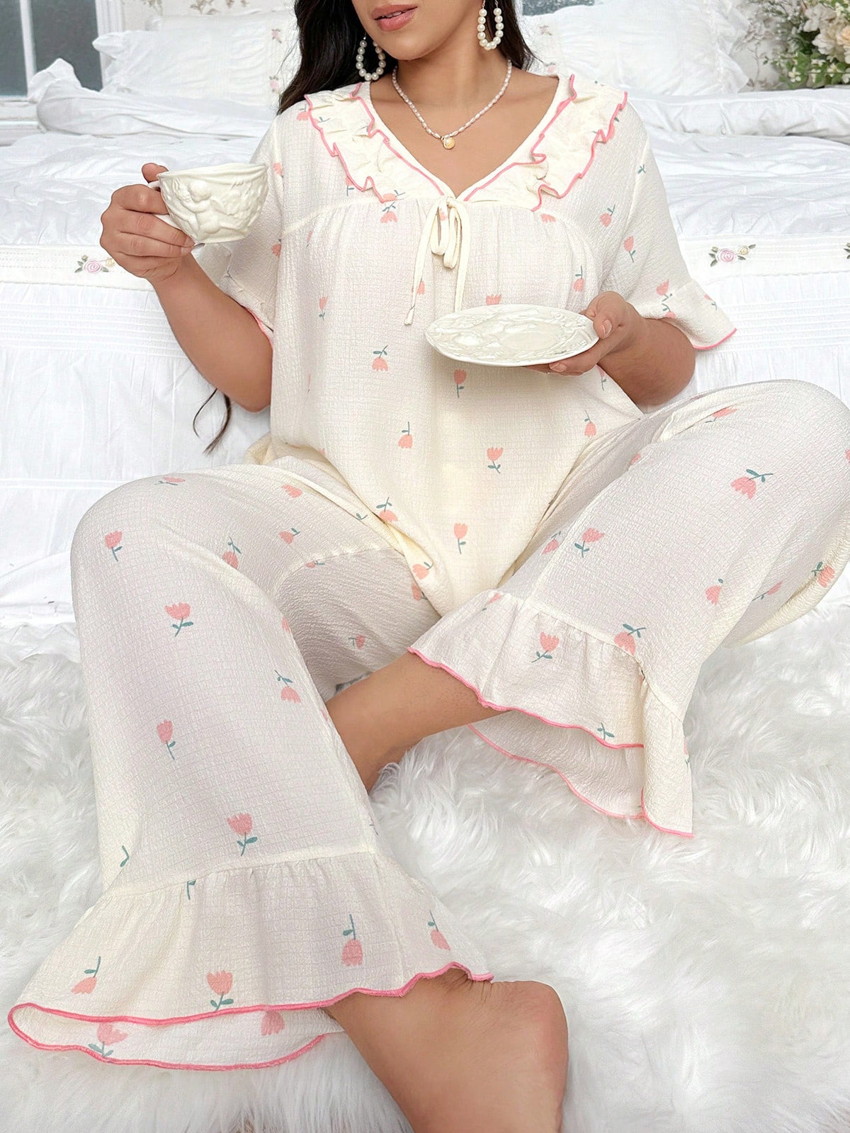 Shein CottageSlumber Plus Size Romantic Bubble Knit Comfortable V-Neck Ruffled Short Sleeve And Long Pants Two-Piece Pajama Set