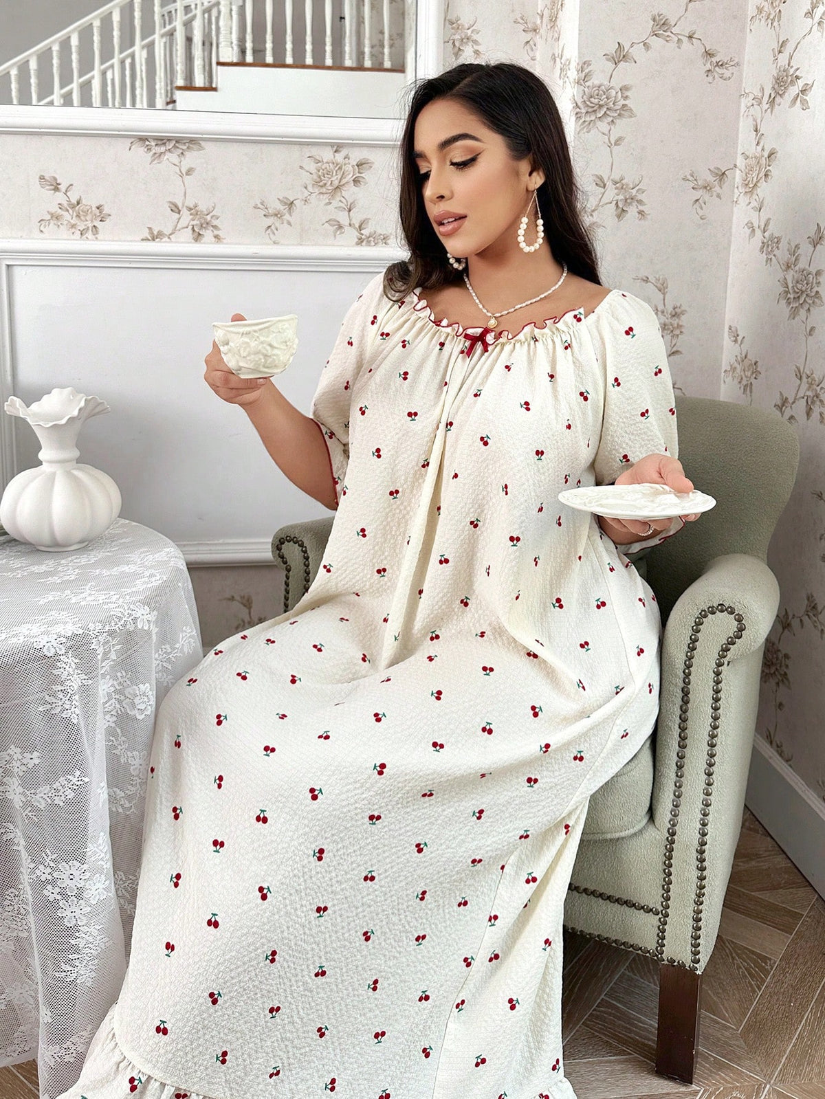 Shein CottageSlumber Plus Size Women's Cute Cherry Pattern Bubble Fabric Ruffle Hem Long Pajama Dress