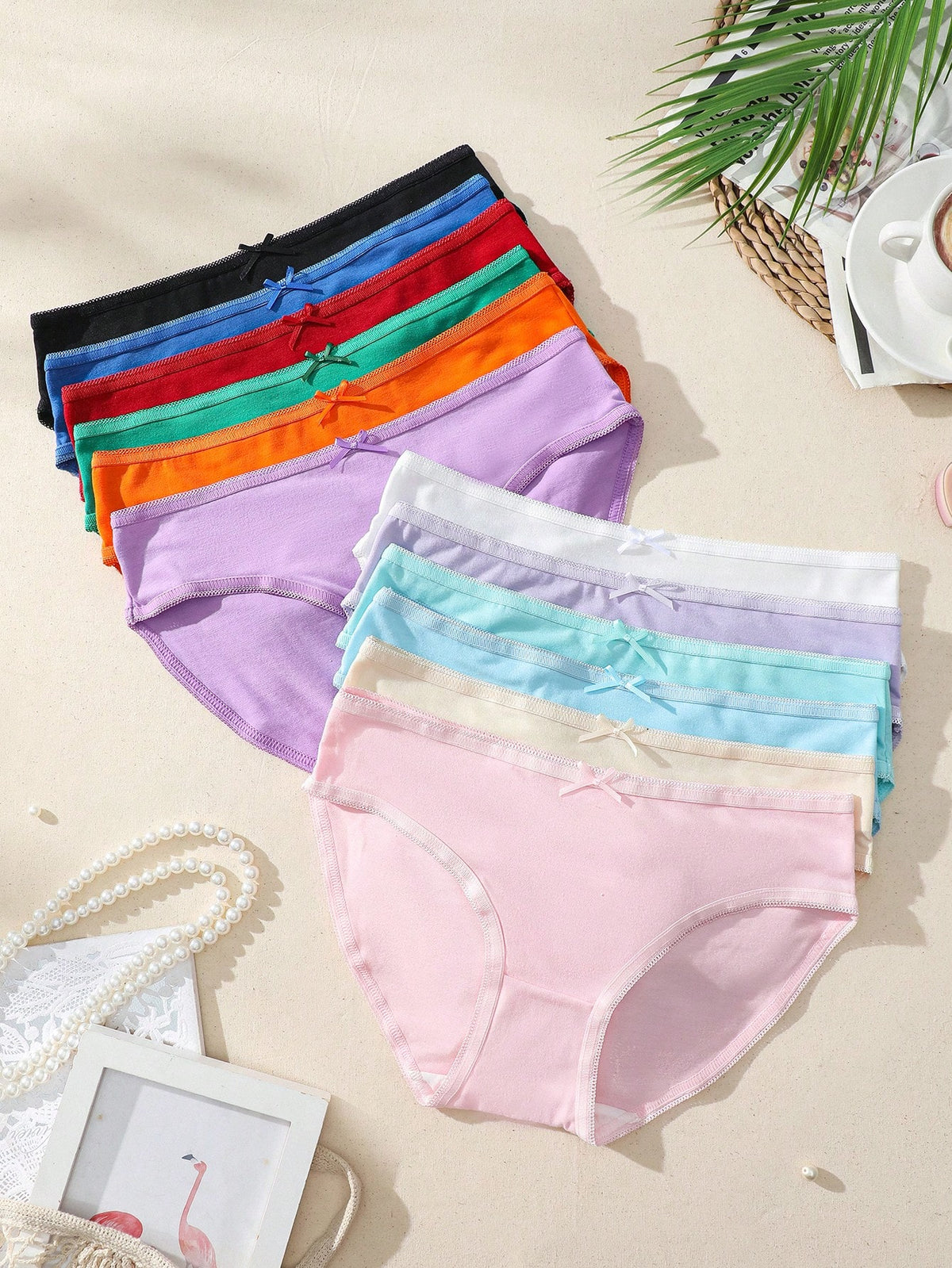 SHEIN Women Solid Color Triangle Panties With Bow Decoration, 12pcs/Pack