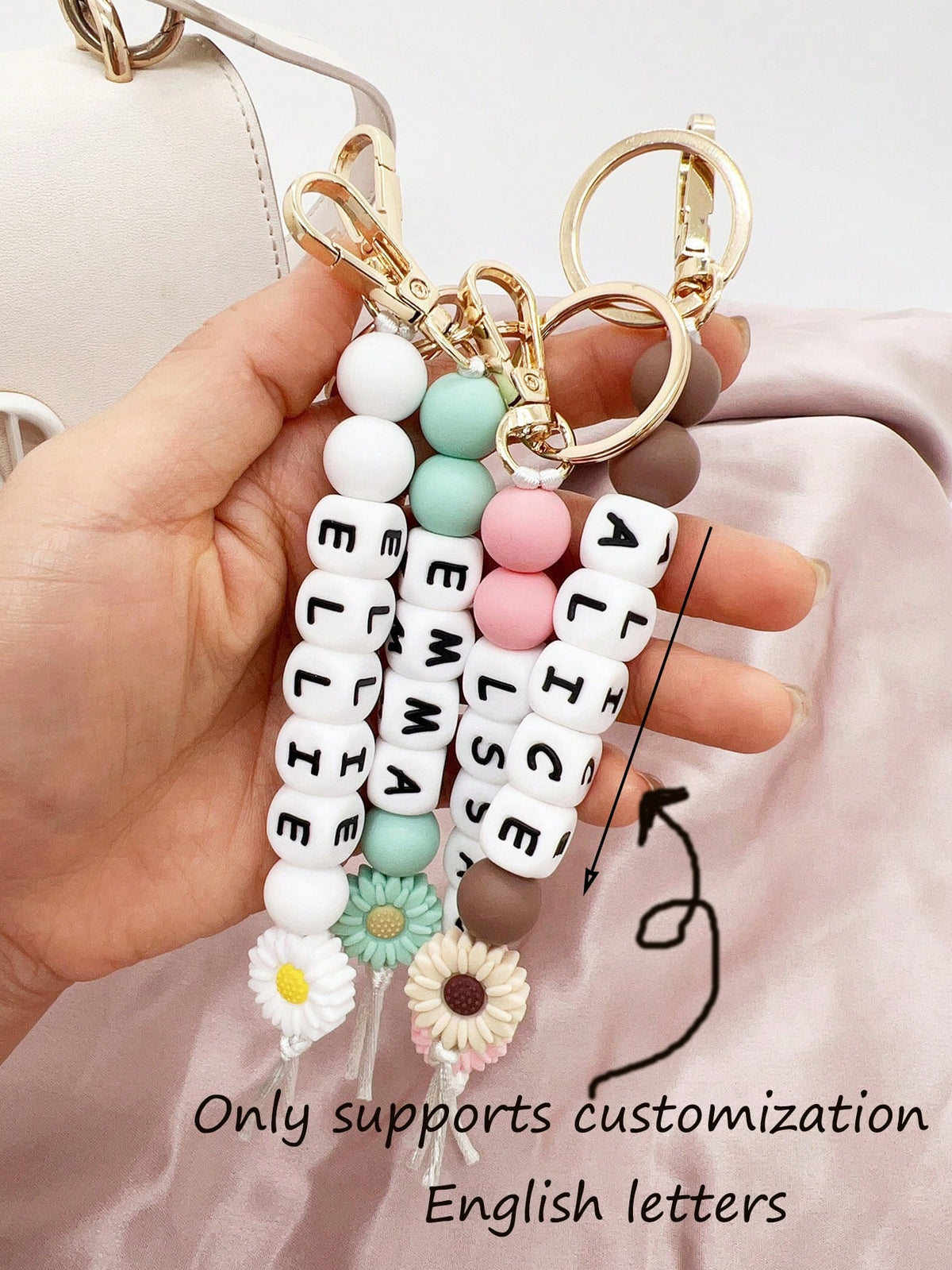 One Customized Daisy Silicone Beaded Keychain With Name Tag, Personalized Gift For Diaper Bags, Backpacks, Teachers With Custom Image And Name