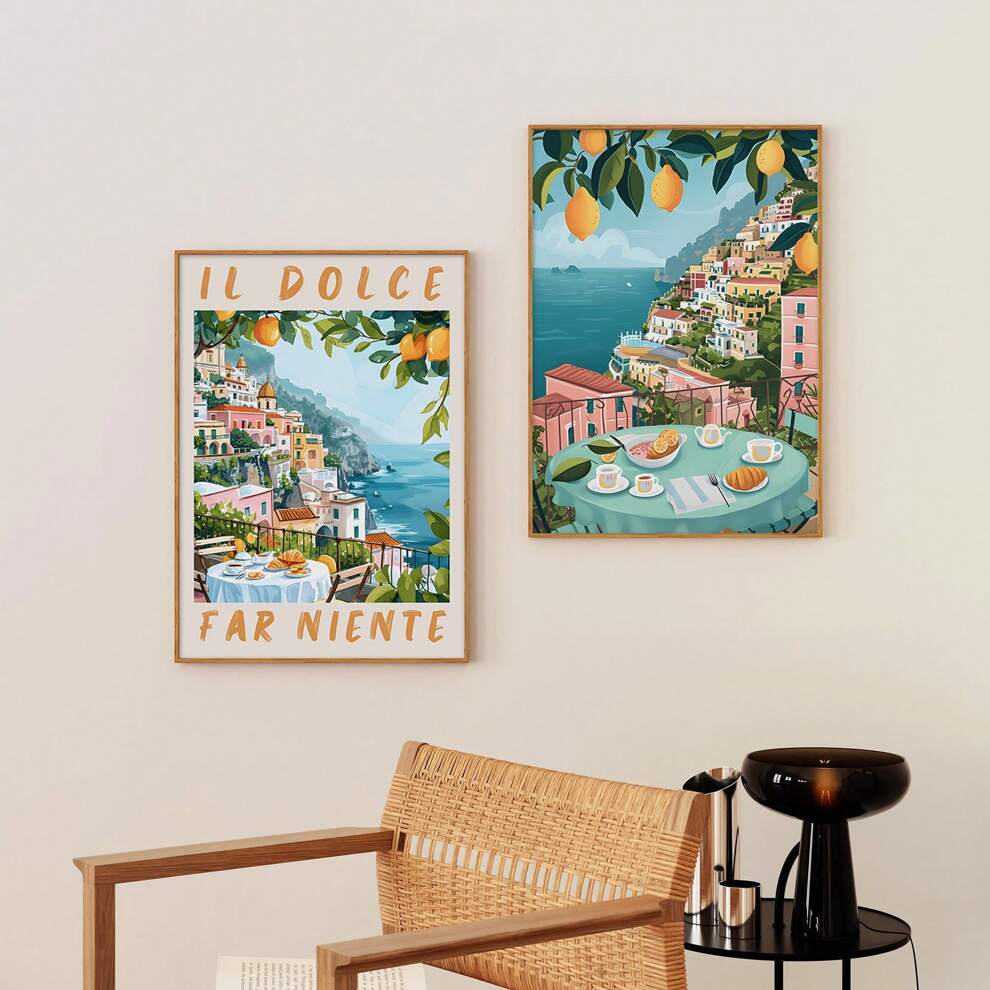 Set Of 2 La Dolce Vita Sicily Italy Watercolour Canvas Paintings,Italian Quote Wall Art,Italy Travel Poster,Amalfi Coast Italy Travel Poster Home Décor,Il Dolce Far Niente Positano,Italian Vintage,Spr