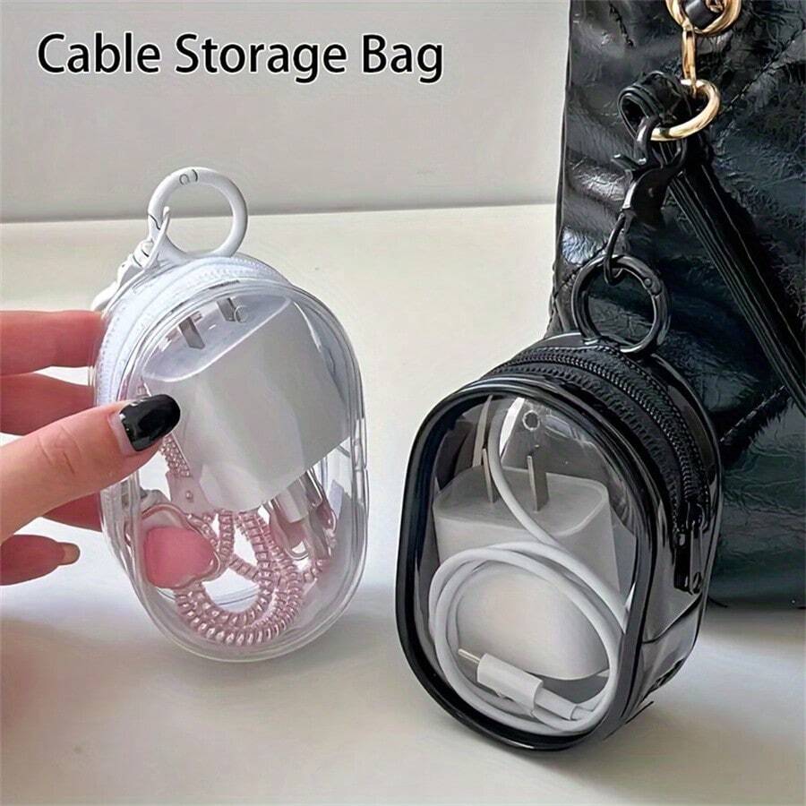 1pc Portable Mini Clear Zipper Storage Bag, Compact Multifunctional Organizer, Earphone And Charger Case With Keychain Loop, Transparent Travel Accessory