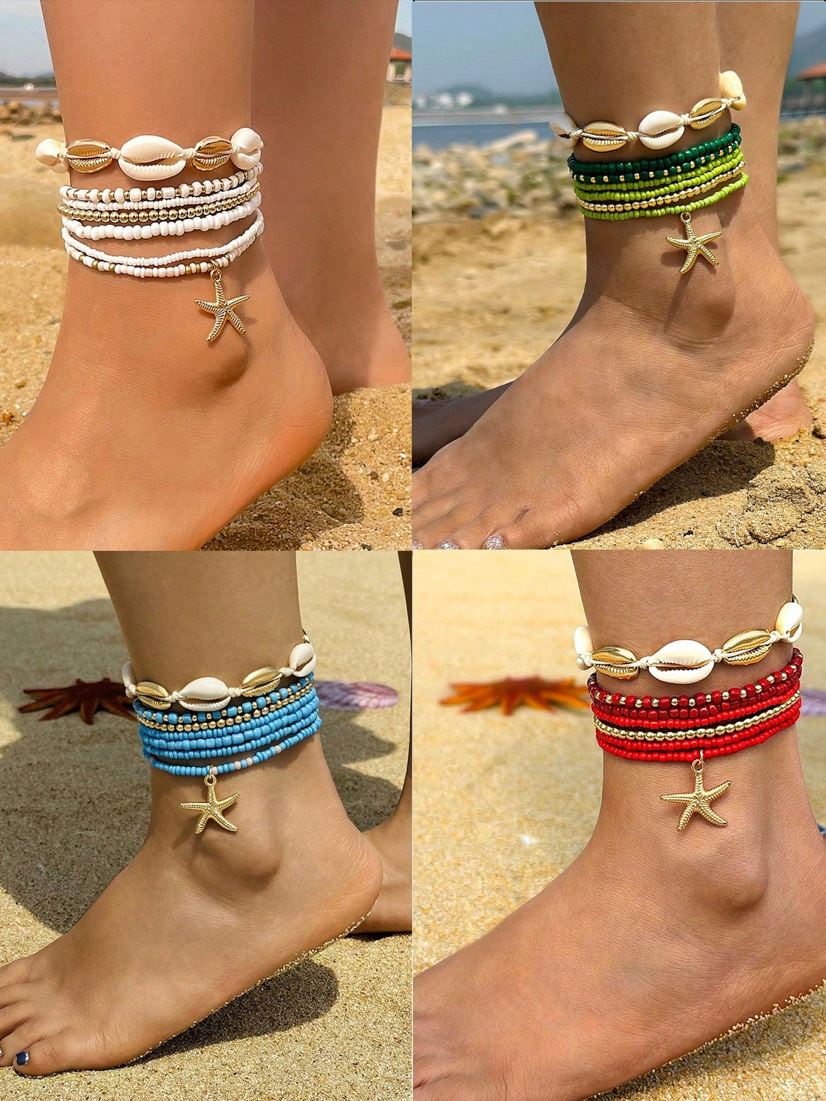 7pcs Bohemian Style Alloy Beaded Starfish Braided Seashell Anklet Set For Women As A Dating Gift (Handmade, Adjustable Size, Irregular Number Of Beads And Varied Size Of Shells Due To Hand Polishing,