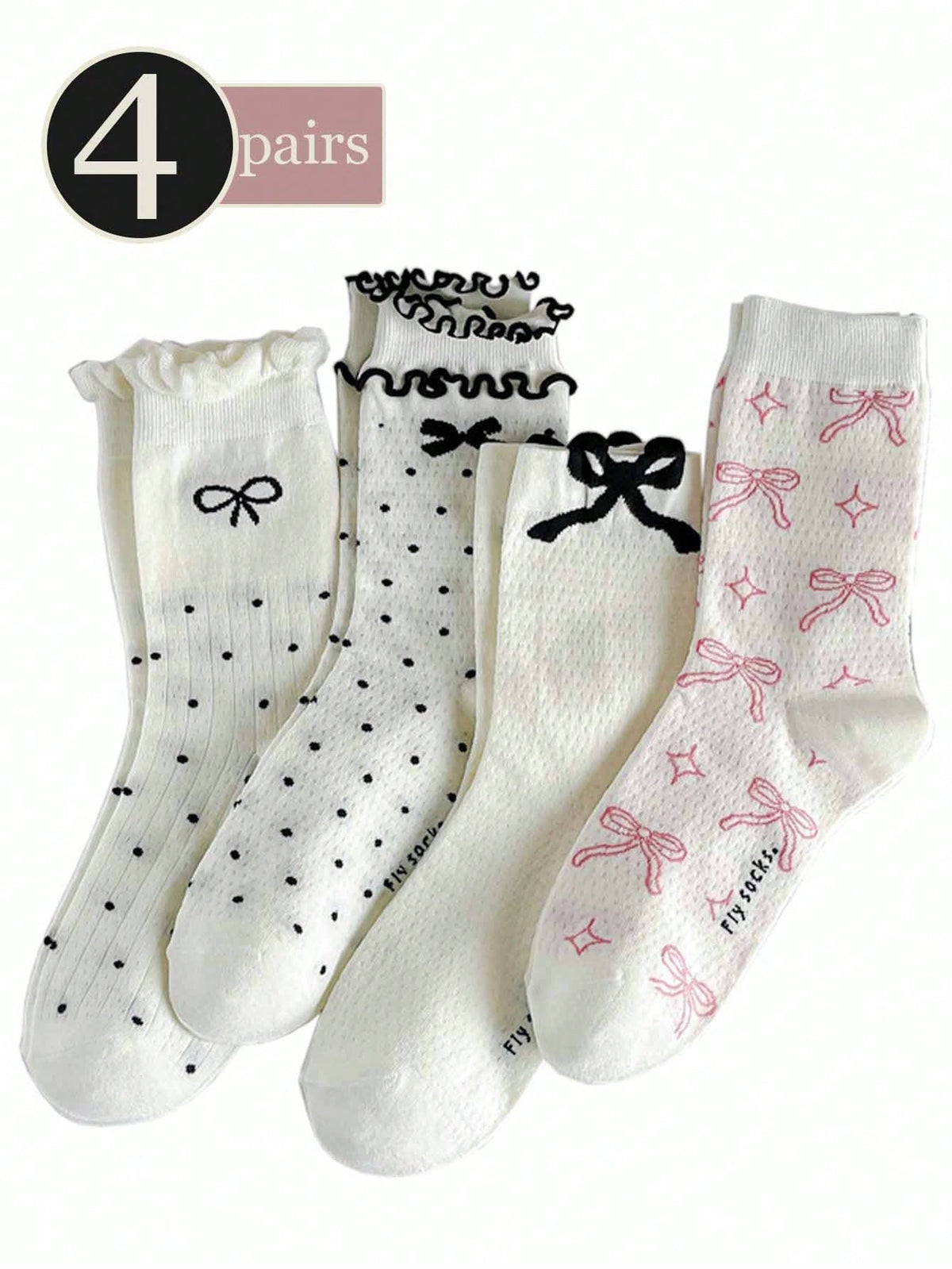 4 Pairs/Set Ladies Multicolor Wood Ear Edge Letter & Polka Dot Pattern Soft Cozy Sweet All-Match Mid-Calf Socks With Bowknots, Suitable For Daily Wear