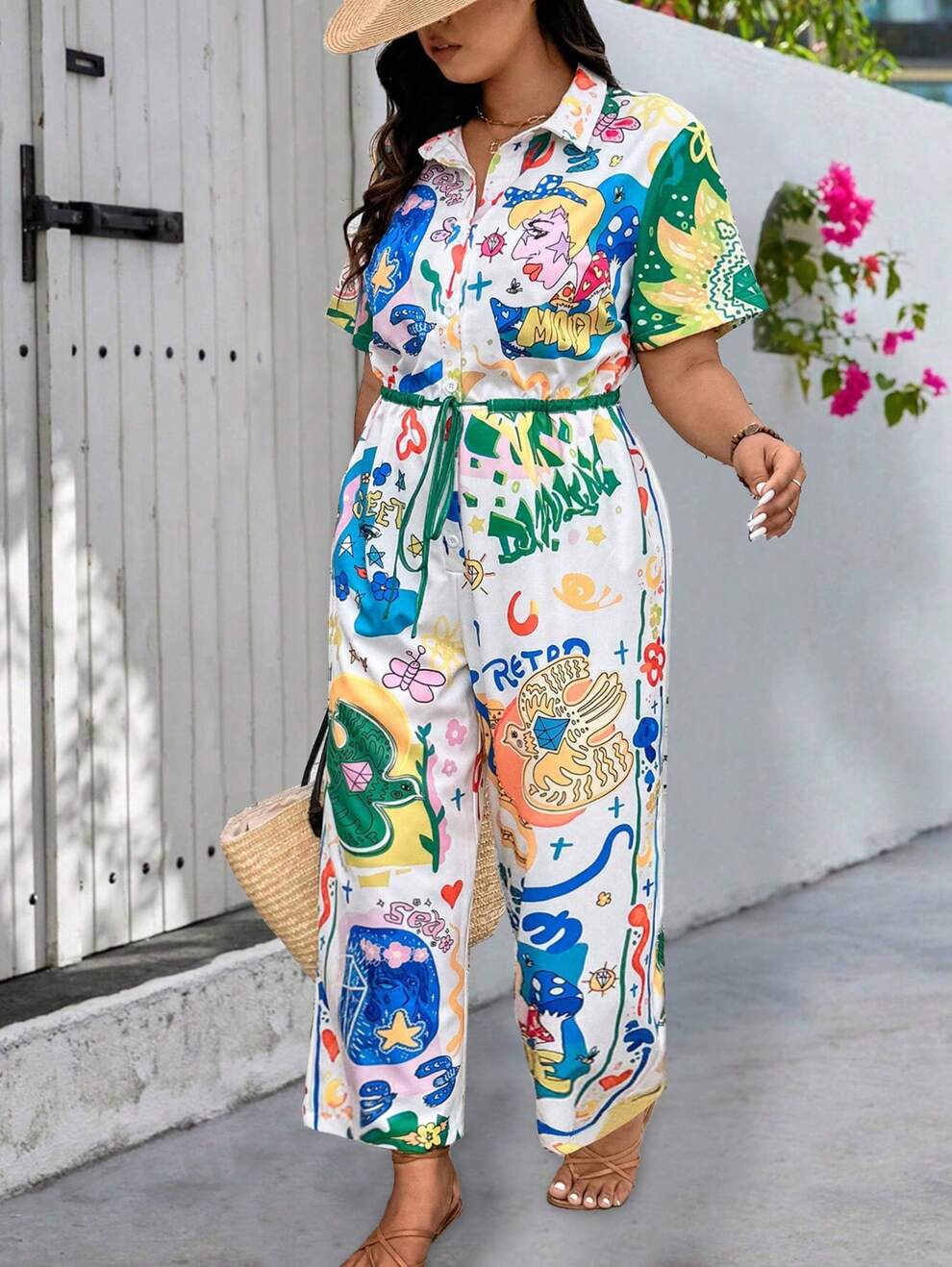 SHEIN VCAY Women Plus Size Colorful Printed Short Sleeve Jumpsuit