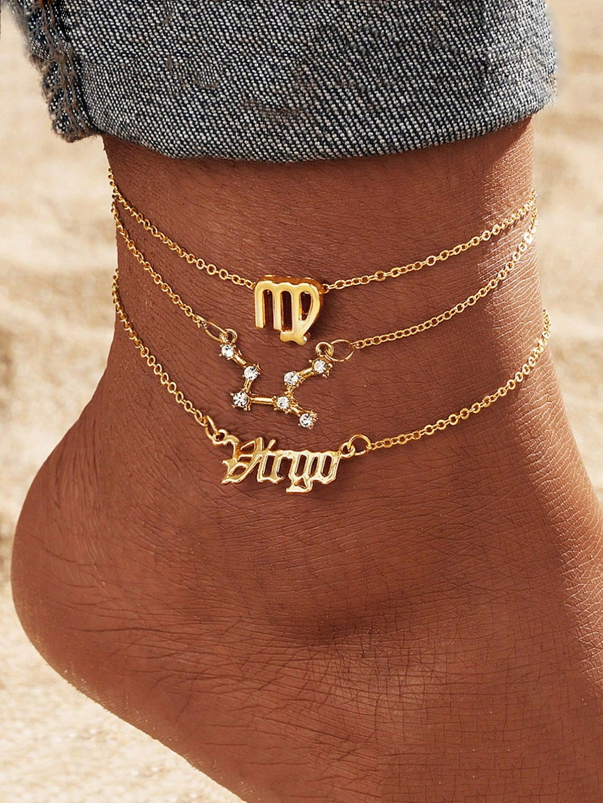 3pcs/Set Vintage Zodiac Symbol & Letter Detail Rhinestone Anklet Set For Summer Beach