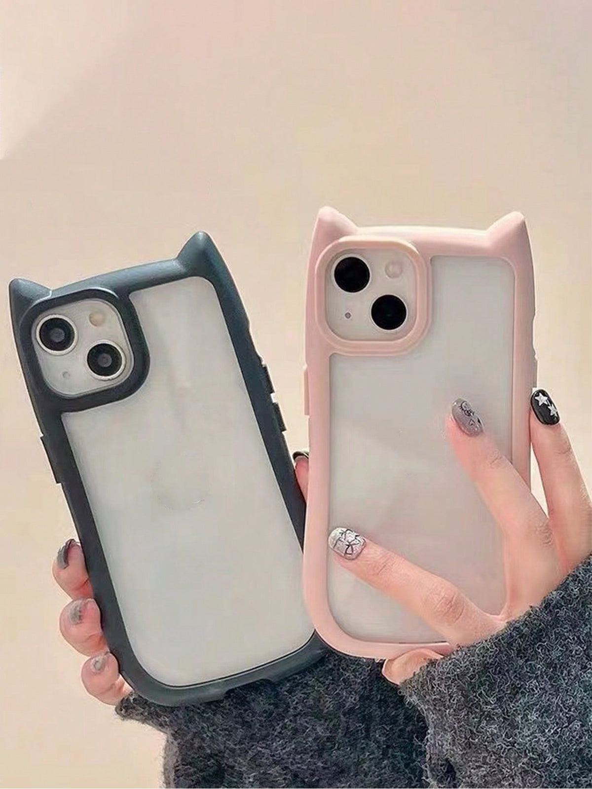 2pcs/Set Creative Simple Cat Ear Couple Phone Case Compatible With Apple 15/7/8/14 Pro Max/New 13 Cute Transparent 15 Pro Anti-Fall 14 Pro Protective Silicone Cover