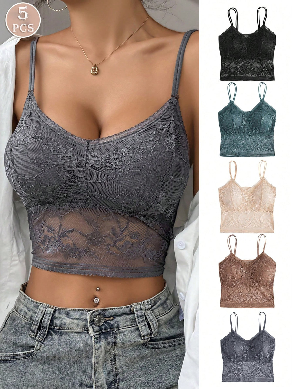 5pcs Women's Lace Wireless Top, Stylish Spaghetti Strap Tank Tops For All Seasons