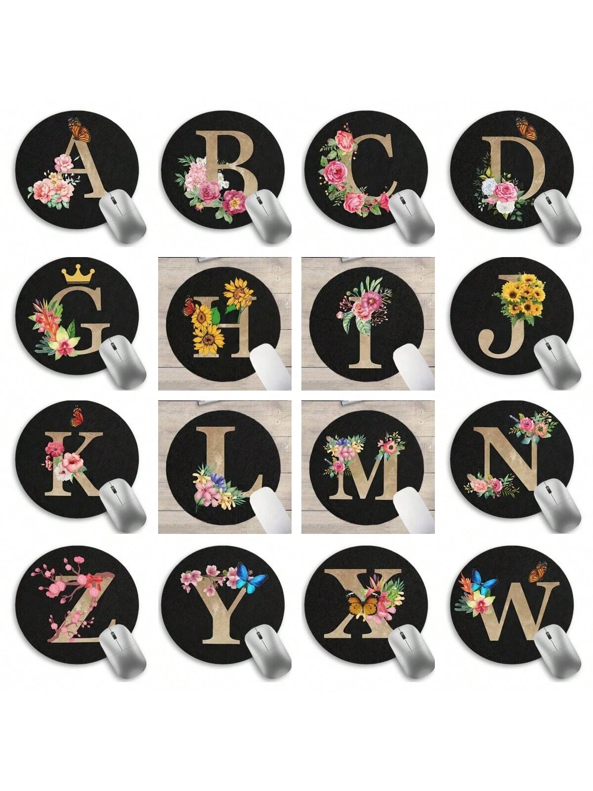 1pc Round Mouse Pad With Alphabet Floral Surname Pattern, Anti-Skid For Gaming & Office Use, Laptop/Desktop