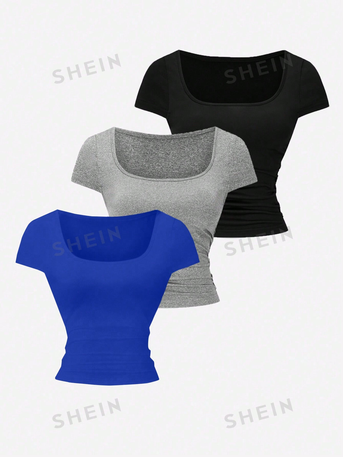 SHEIN EZwear Women's Summer Solid Color Square Collar Short Sleeve Wrinkle Slim Fit 3-Pcs T-Shirt Set