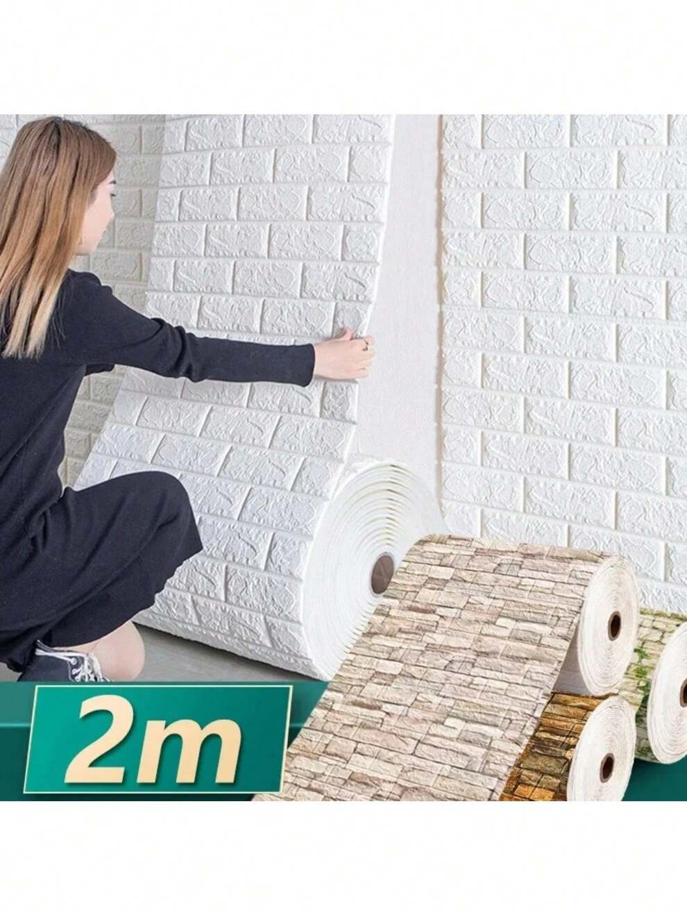 2 Metre 3D Soft Foam Brick Wallpaper Sticker Roll DIY Self Adhesive Living Room Home Kitchen Bathroom Decorative Wall Paper