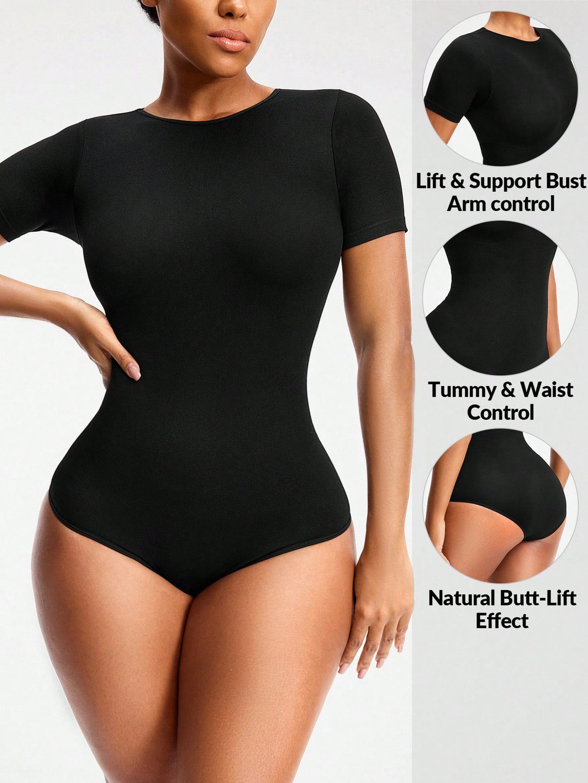 SHEIN SHAPE Seamless Round Neck Short-Sleeved Brief Bodysuit Body Shaper Bust&Butt Lifter -Tummy Waist Arm Control