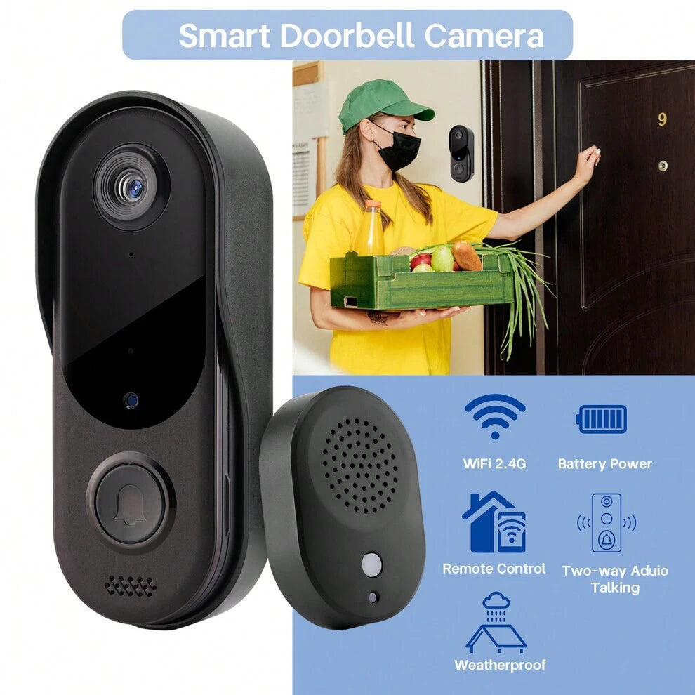 1 Set Smart Doorbell Camera, 2.4ghz Wireless Smart Visual Doorbell With A Black Indoor Ding Dong Bell, Two-Way Voice Communication, Rainproof, High Definition, Easy To Install, Mobile Device Control,