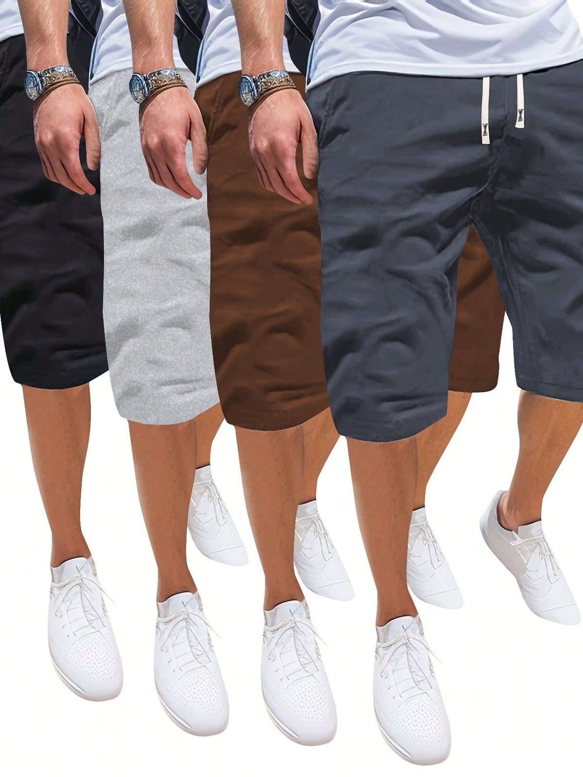 4pcs/Set Men's Solid Color Shorts, Retro And Simple Style, Versatile Thin Beach Casual Sports Running Shorts With Pockets, Elastic Waistband And Drawstring, Outdoor Bermuda Shorts