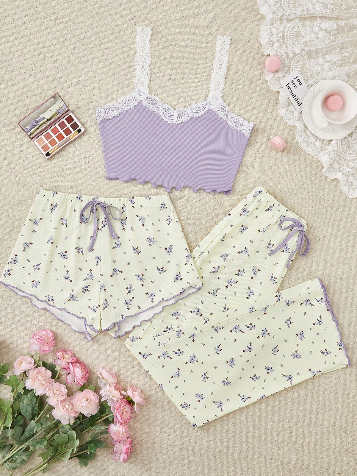 Women's Contrast Lace Cami Top Ditsy Floral Shorts And Long Pants Pajama Set