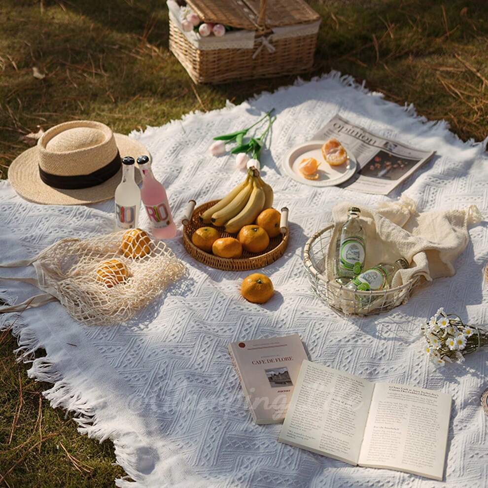 1pc French-Style White Picnic Mat Moisture-Proof Outdoor Camping Blanket Beach Mat Tent Ground Mat