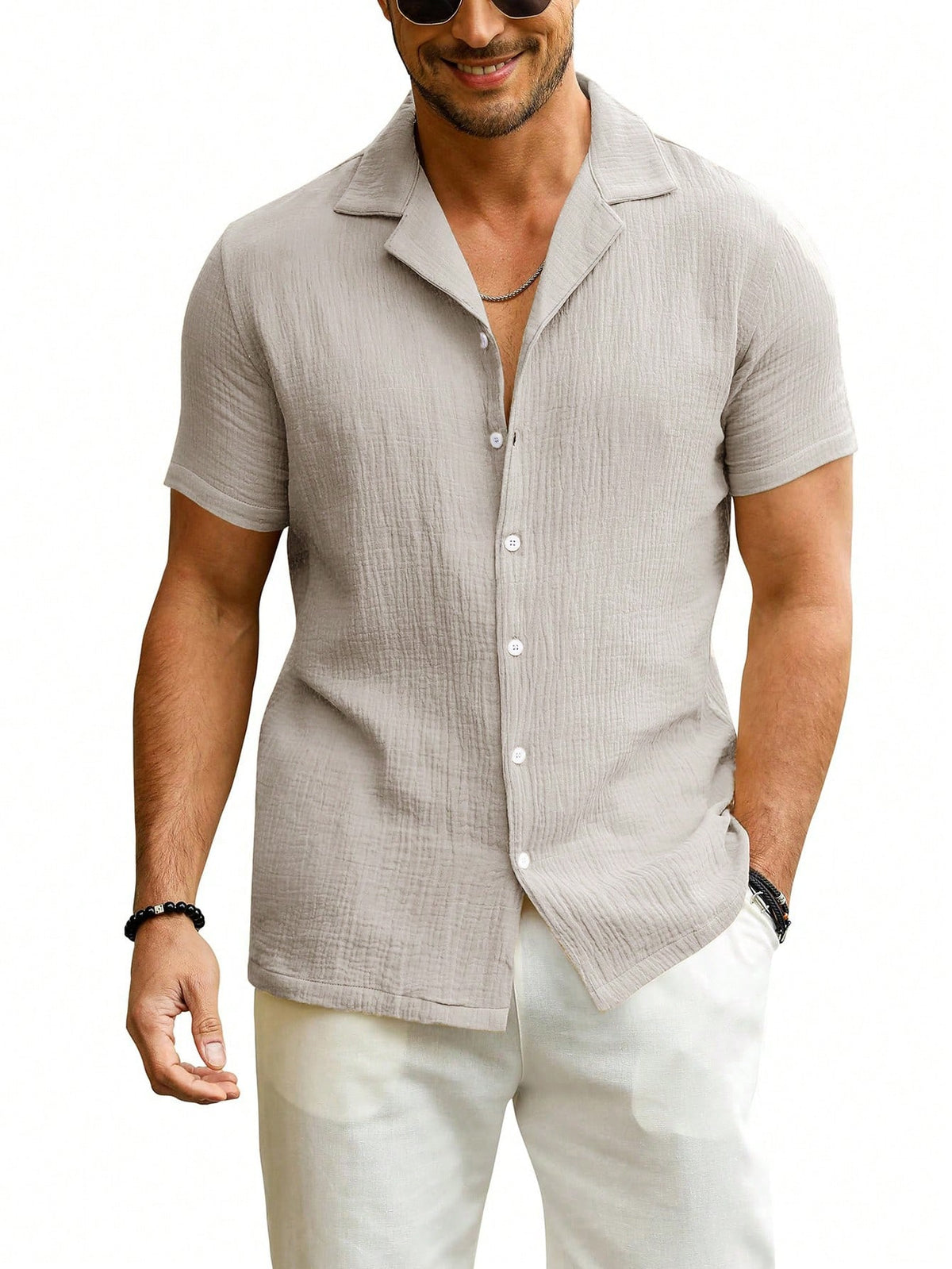 Men Slim Fit  Button Linen Guayabera Shirt Short Sleeve Summer Beachwear