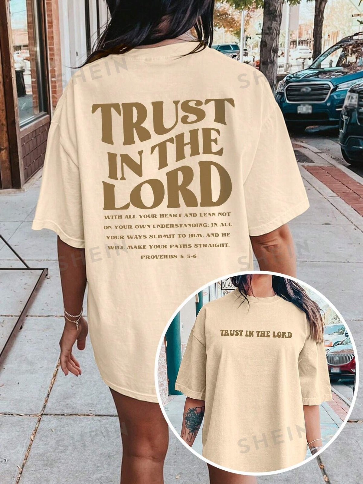 SHEIN EZwear Slogan Graphic Drop Shoulder Tee For Summer TRUST IN THE LORD WITH ALL YOUR HEART AND LEAN NOT ON YOUR OWN UNDERSTANDING IN ALL YOUR WAYS SUBMIT TO HIM, AND HE WILL MAKE YOUR PATHS STRAIG