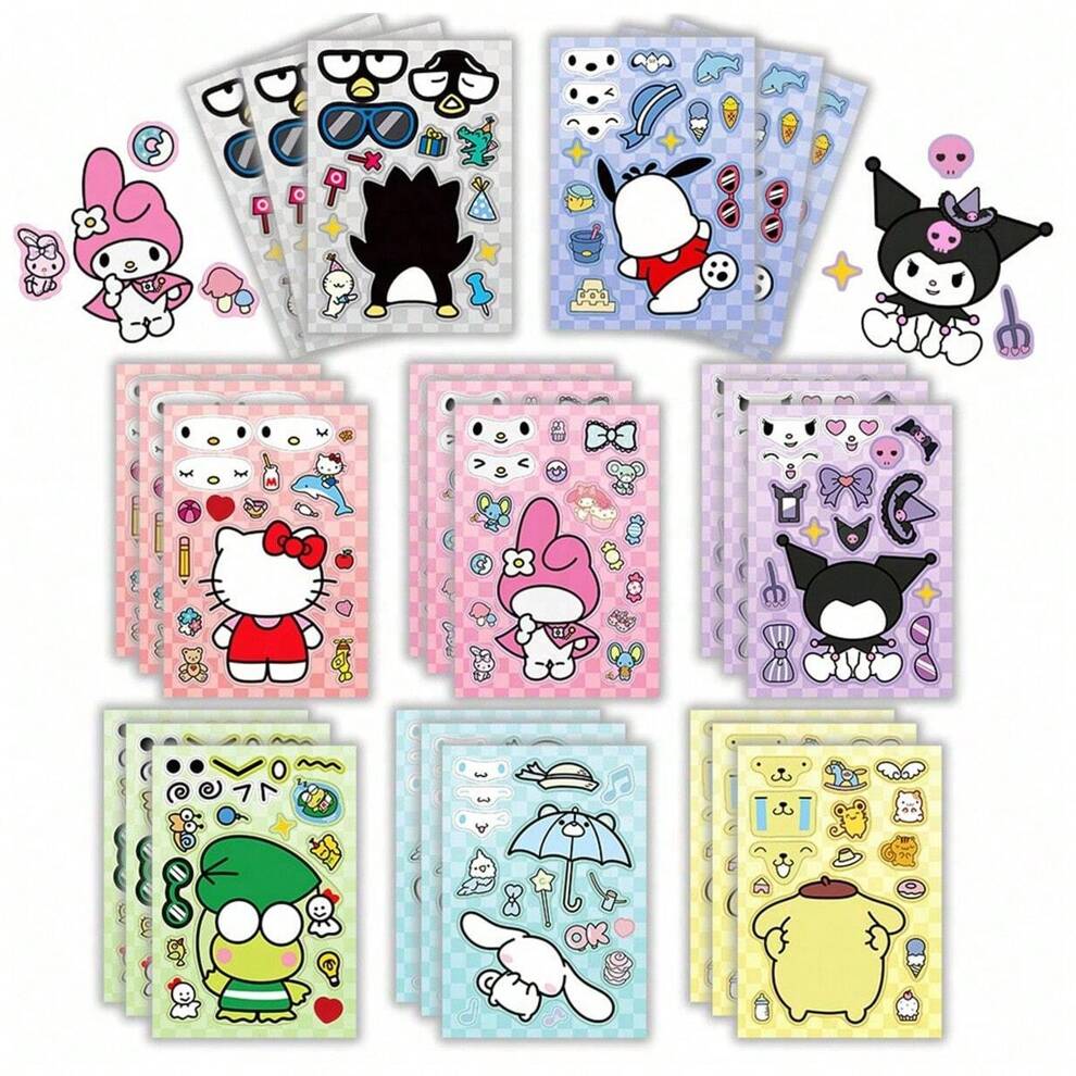 24Sheets Mix Hello Children Puzzle Kitty Cat Anime Stickers Make-A-Face Assemble Cartoon Game Decal Assemble Jigsaw Boy Toy(Some Parts May Be Random)