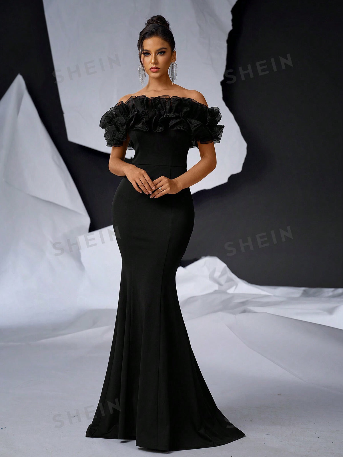 SHEIN Belle Elegant Dramatic 3D Floral Mesh Off Shoulder Mermaid Dress For Wedding & Formal Events (Heavyweight)