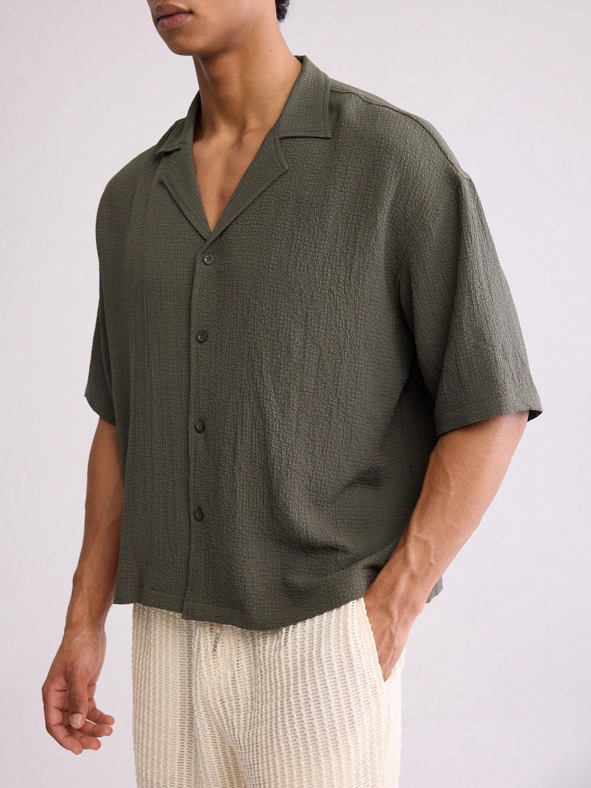 Forever 21 Men's Seersucker Boxy Oversized Cropped Shirt In Green