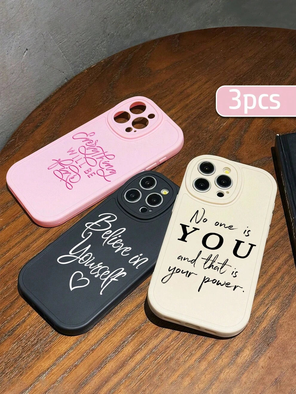 3pcs/Set Black/White/Pink Phone Case, Letter Print Phone Cover With Lens Protection Design, Compatible With IPhone Models Such As IPhone11/13/14/15, Samsung Galaxy Models Such As S24/Galaxy A14/Galaxy