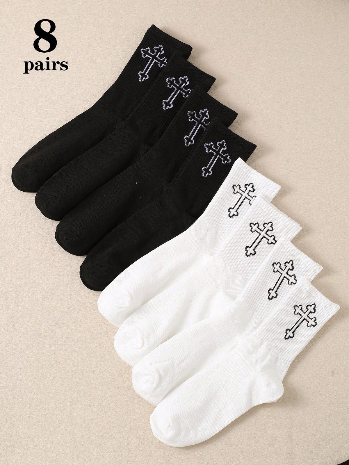 8 Pairs/Set Men's Trendy Comfortable Black And White Cross Pattern Mid-Calf Socks