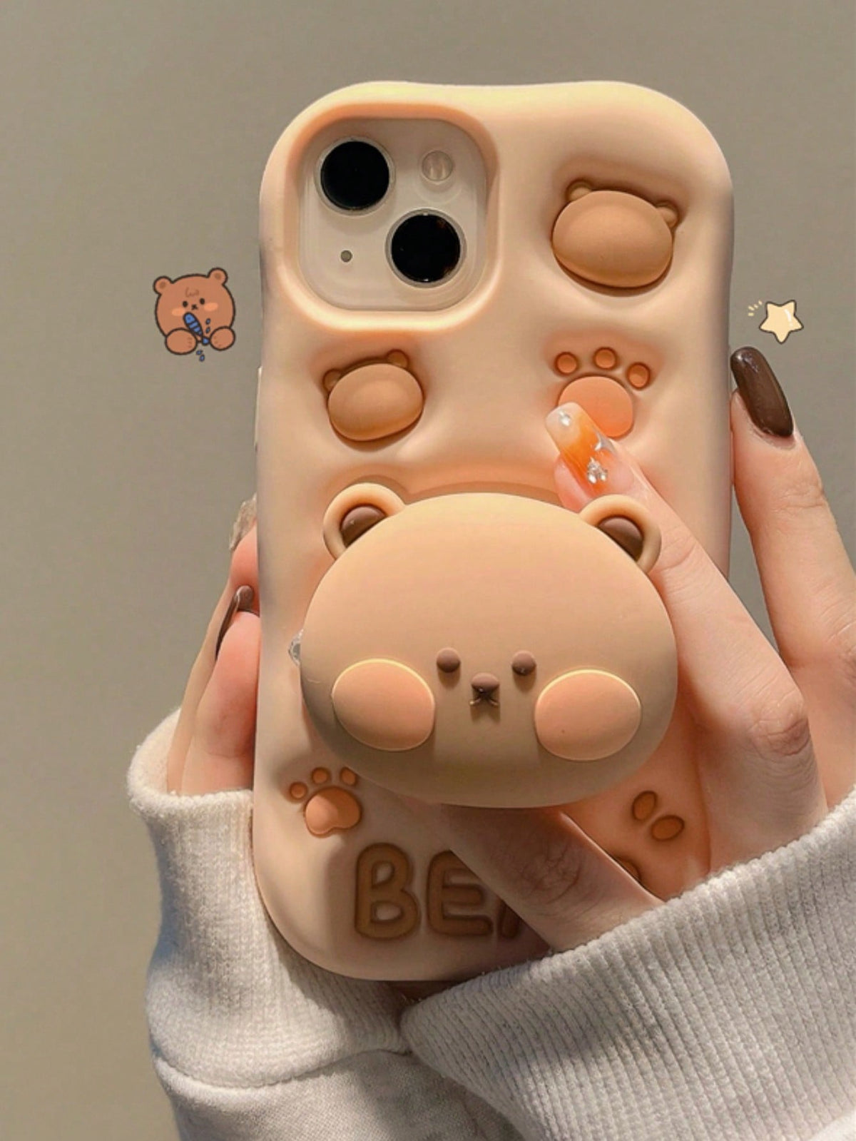 1PC Cute 3D Cartoon Bear Paw Holder Grip Phone Case Compatible With IPhone 15 14 13 12 11 Pro Max Lovely Silicone Soft Cover Camera Protection