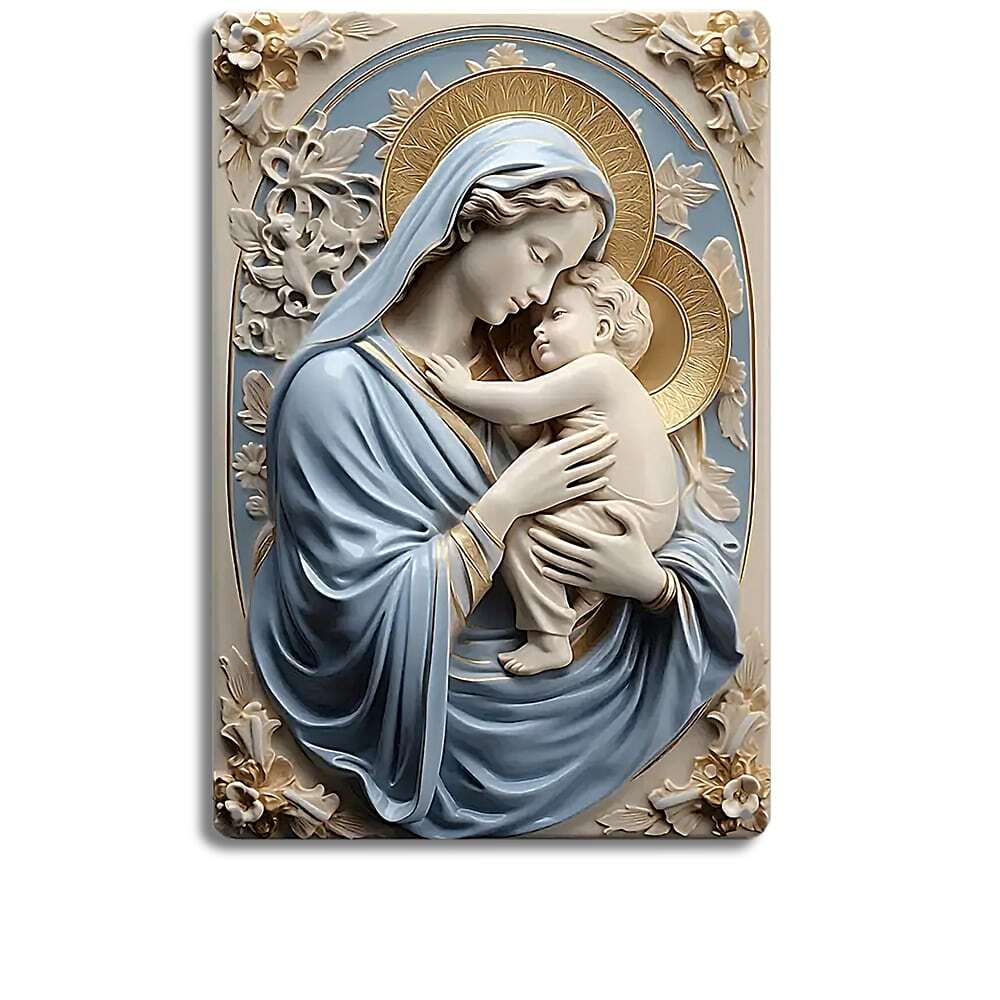 Sacred Art Mother And Child Relief Wall Plaque, 12x8 Inches - Decor, Virgin Mary With Jesus Statue, Christian Home Decoration, Spiritual Gift, Resin Crafted, 3D Design, Floral Border, Catholic Icon, I