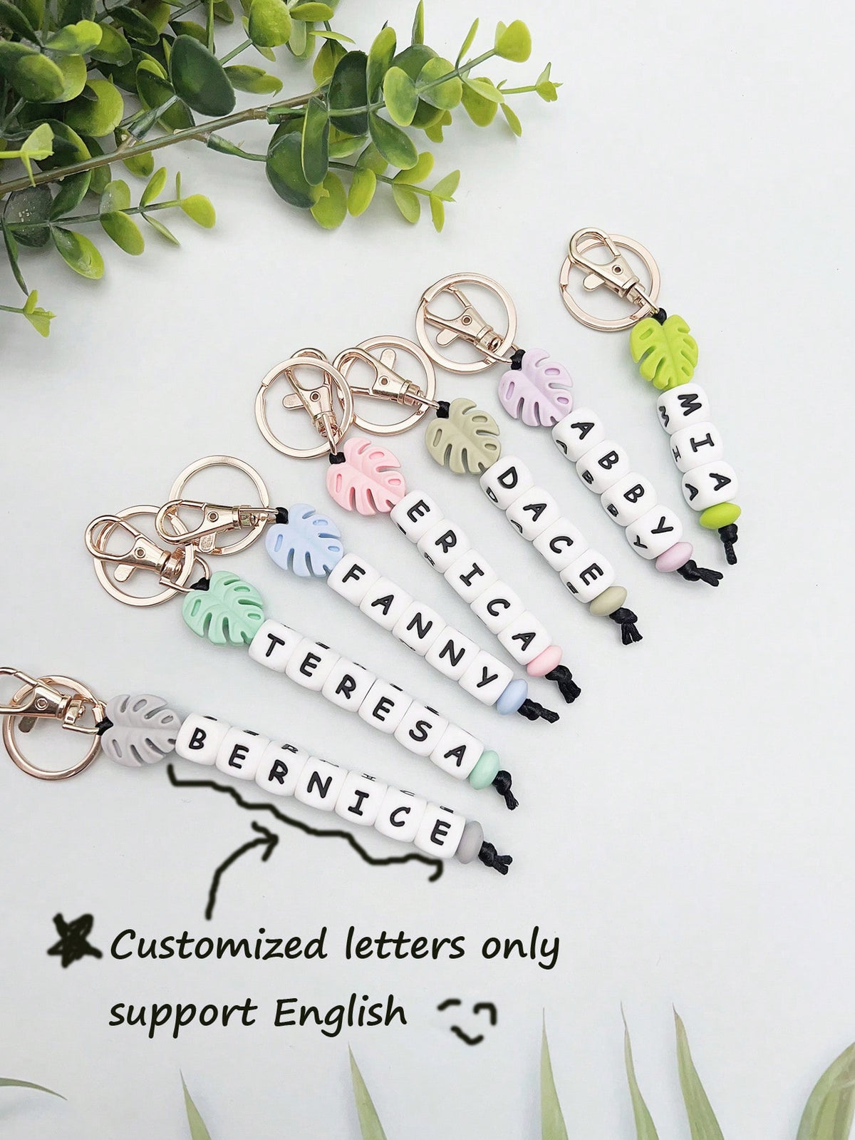 Customized Silicone Beaded Keychain With Leaf Shaped Pendant And English Letter - Customized Name Gift, Lost Prevention Pendant