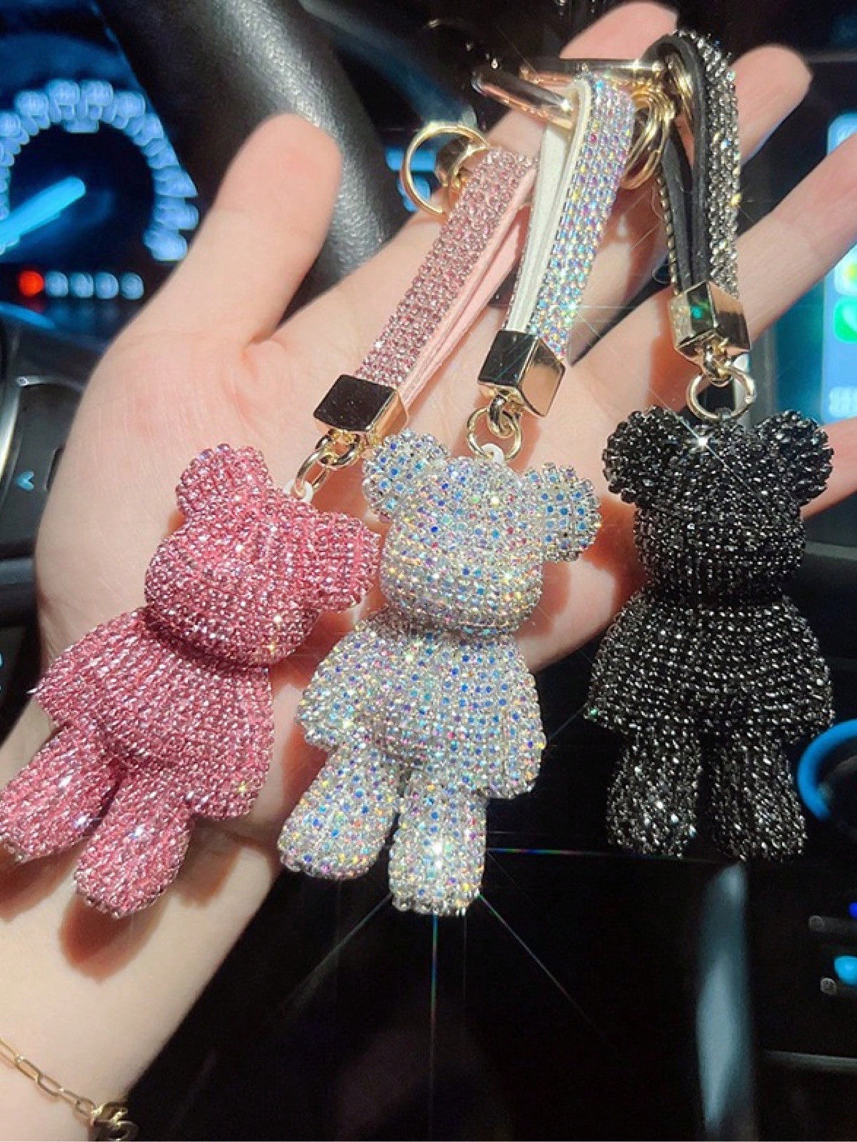 Cute Teddy Bear Keychain With Claw-Set Rhinestones, Accessory Gift For Car Or Bag Decoration, Full Rhinestone Series