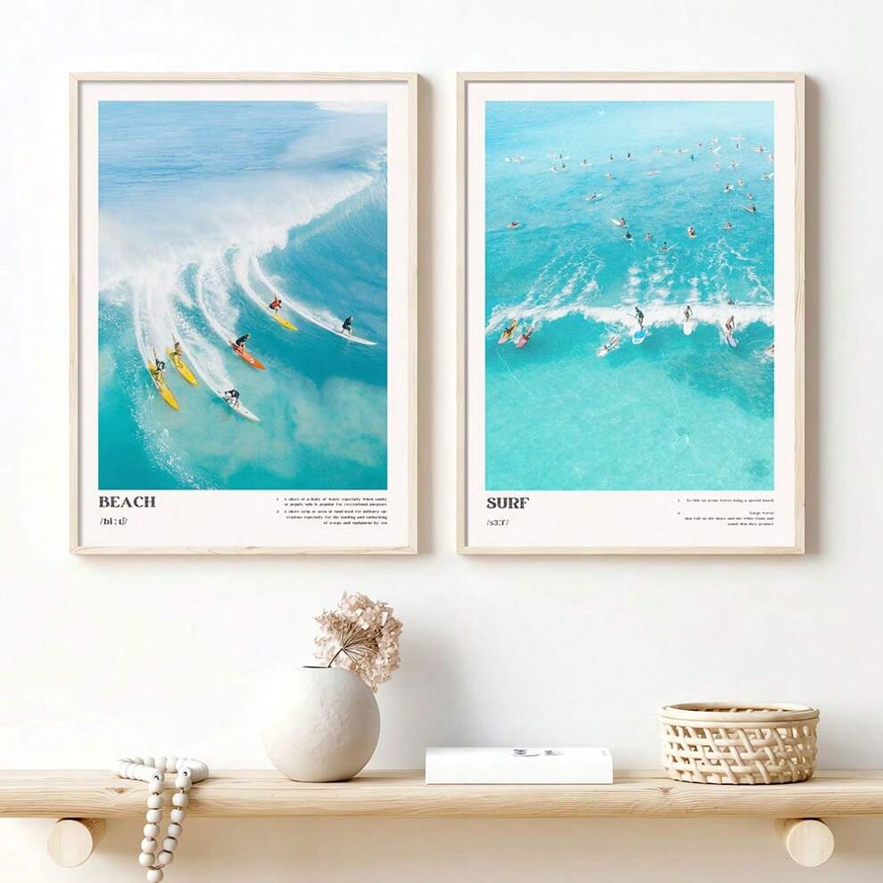 Set Of 2 Frameless Summer Surf Girl Wall Art Trendy Coastal Retro Poster Cowgirl Ocean Vintage Canvas Print Painting Beachy Picture Modern Home Living Room Bedroom Dorm Decoration