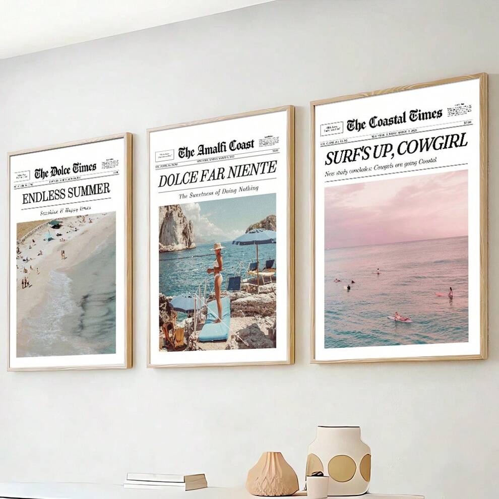 Set Of 3 Frameless Summer Surf Girl Wall Art Trendy Coastal Retro Poster Cowgirl Ocean Vintage Canvas Print Painting Beachy Picture Modern Home Living Room Bedroom Dorm Decoration