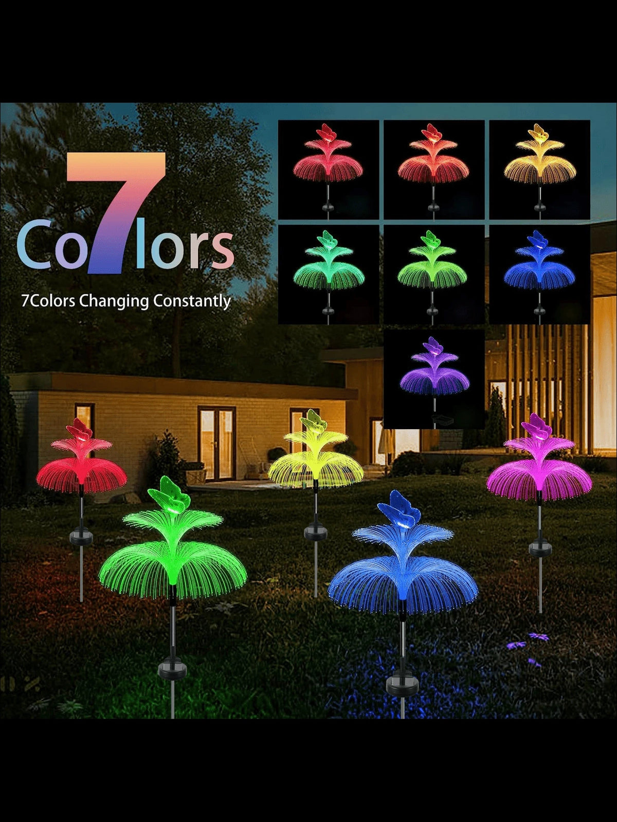 1pc Double Layered Colorful Slow Flashing Fiber Optic Butterfly Ground-Inserted Solar Powered Lawn Decoration Light, Waterproof, Suitable For Villa Garden Park Scenic Spot Tourist Attraction Ambience