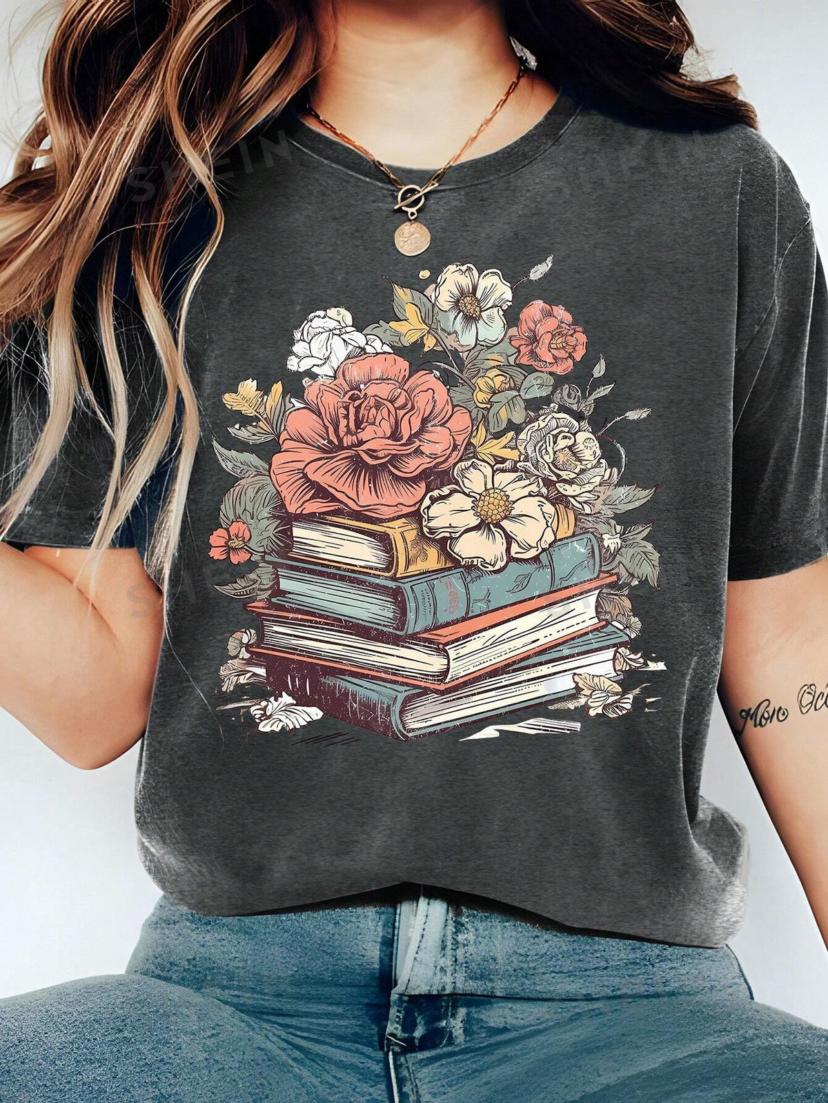 SHEIN LUNE Summer Top With Book And Flower Pattern Printed, Suitable For Women's Teacher's Day T-Shirt