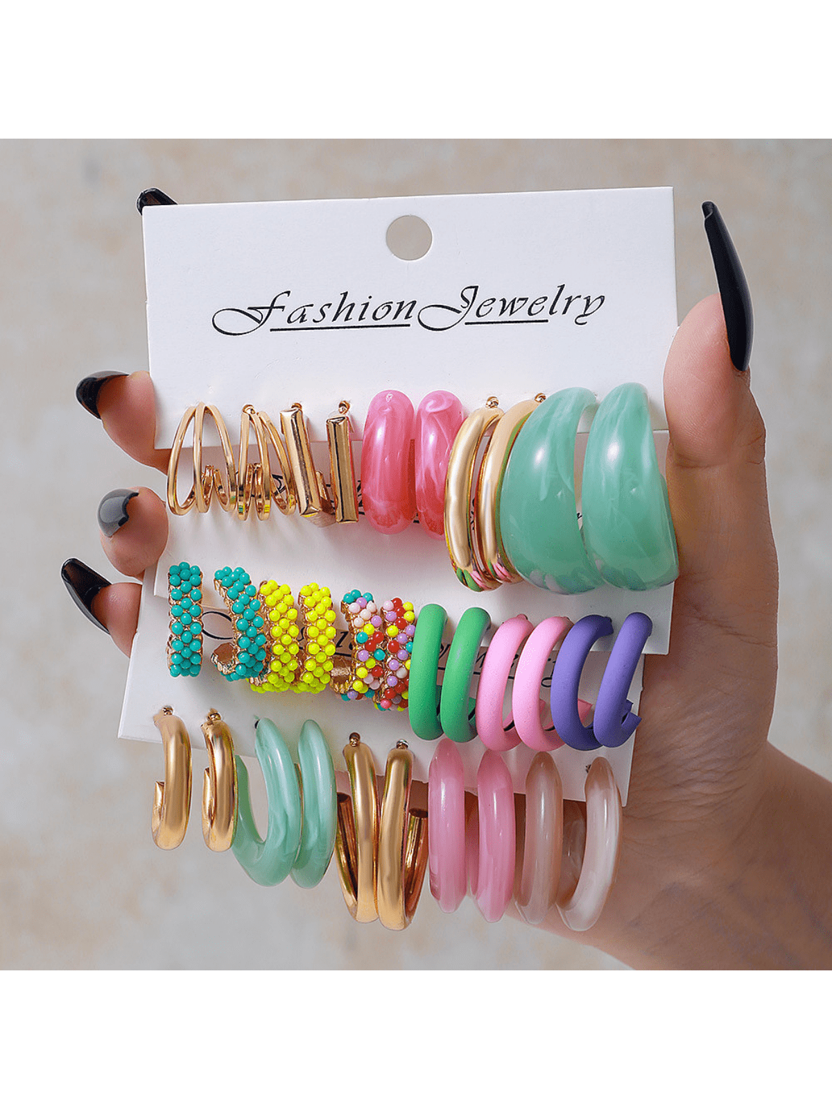 5pcs/15pairs Colorful Exaggerated Gold-Plated C-Shaped Beaded Acrylic Resin Hoop Earrings Set