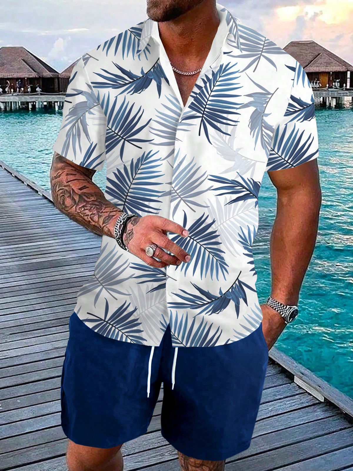 Manfinity RSRT Men Plus Size Fashionable Summer Holiday Style Printed Shirt And Shorts Two-Piece Set