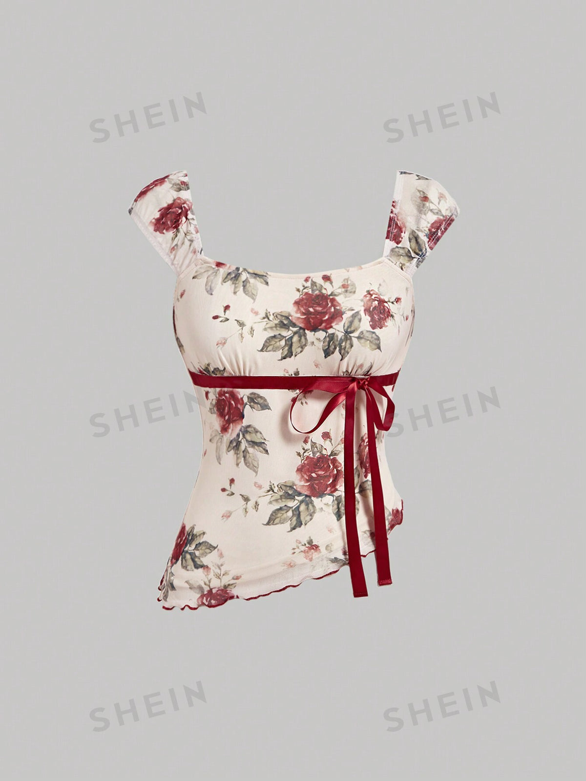 SHEIN MOD Women Elegant Ribbon Decorated Asymmetrical Hem Flower Print Tank Top