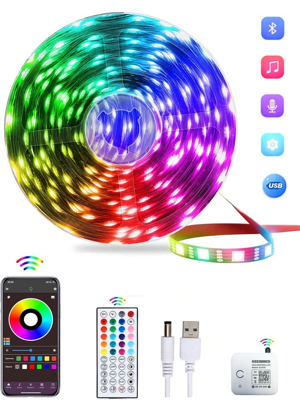 1 Set LED Smart Music Voice-Activated Light Strip With 44-Key Remote Control RGB Colorful Bluetooth Light Kit, Suitable For Indoor DIY Decoration Of Bedrooms, Living Rooms, TV Backgrounds