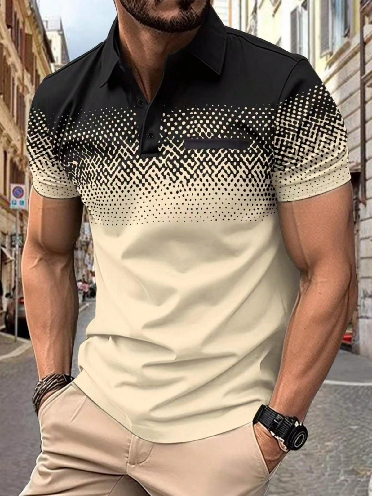 Digital Printed Gradient Men's Polo Shirt, Summer Casual Short Sleeve Top With Faux Pocket Design, Daily Wear