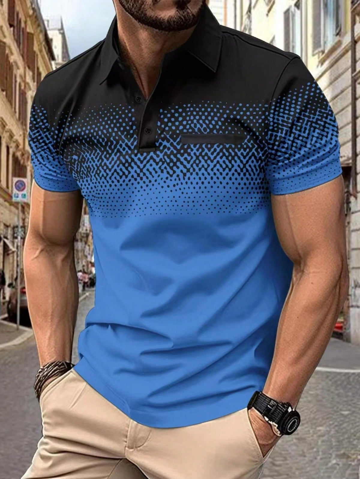 Digital Printed Gradient Men's Polo Shirt, Summer Casual Short Sleeve Top With Faux Pocket Design, Daily Wear