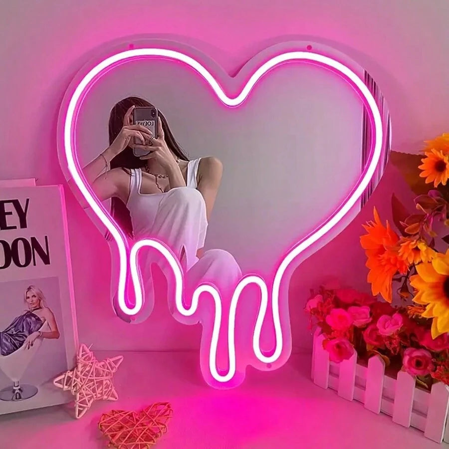 1pc Heart-Shaped Neon Light, Melted Heart-Shaped Neon Light Mirror Sign, Wall Decor, Bedroom, Girls' Room Vanity Mirror, LED Pink Heart-Shaped Neon Light, Suitable For Party, Studio, Store Decoration,