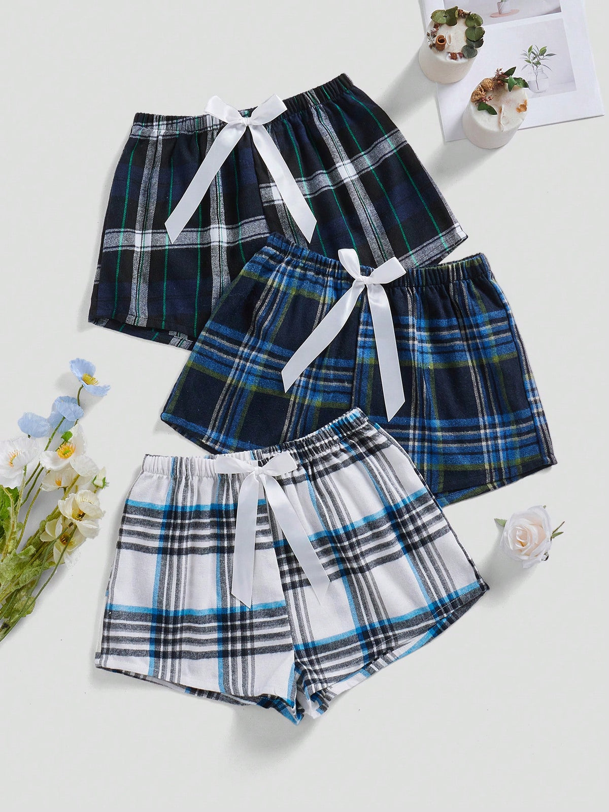 3pcs Casual Plaid Shorts Set Women Home Wear Bottoms