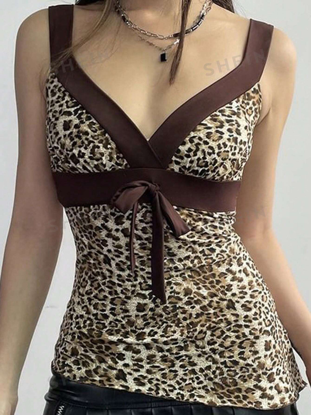 SHEIN ICON Women's Summer Fashion Asymmetric Hem Leopard Patchwork Slim Fit Tank Top